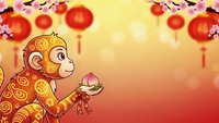 Cartoon monkey character holding peach fruit with Chinese New Year decorations, red lanterns and cherry blossoms on golden background for festive designs.