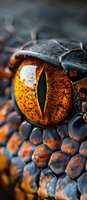 Extreme close-up of bright amber dragon or reptile eye with vertical pupil and detailed scaly skin texture, dramatic lighting creates mysterious atmosphere.
