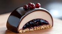 Elegant chocolate mousse dessert with mirror glaze, cranberry topping and crunchy base on wooden surface, macro food photography for pastry menu.