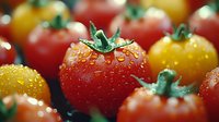 Fresh red and yellow cherry tomatoes with water droplets and green stems in macro photography, highlighting natural texture and vibrant colors for food and produce marketing.