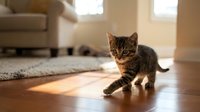 Playful tabby kitten exploring a sunlit living room with wooden floors, perfect for pet care, home decor, and lifestyle content.