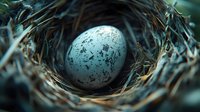Single speckled blue egg nestled in natural bird nest made of twigs and dried grass. Spring wildlife reproduction concept for nature photography projects.