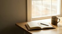 Young adult female of mixed ethnicity sitting at wooden desk by window with open notebook, pen, and coffee mug, studying or writing in natural daylight for education, work, or creative projects.