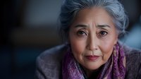 Thoughtful senior Asian woman with gray hair wearing purple scarf and brown sweater, portrait with soft lighting conveying wisdom and life experience.