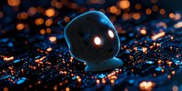 Futuristic AI robot head with glowing eyes on circuit board against dark background with orange bokeh lights.