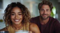 Young mixed race woman with curly hair and bright smile next to caucasian man with beard wearing burgundy sweater in modern home interior setting.