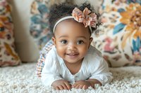 Smiling African American baby girl with curly hair and pink bow headband lying on white carpet, floral background for family portraits.
