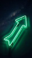 Glowing green neon arrow pointing upward against starry night sky with galaxy backdrop symbolizing growth success and progress in business concepts.