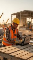 Construction worker using laptop computer at building site during golden hour sunset for project management and digital planning tasks.