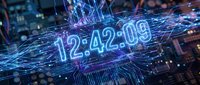 Digital clock display showing time 12:42:09 with glowing blue neon effects and circuit board patterns for technology and time management concepts.