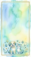 Watercolor illustration of a dog and cat sitting together with veterinary symbols, paw prints, hearts, and botanical elements on soft pastel background with gold frame border, suitable for pet care, animal hospital, and veterinary clinic designs.
