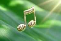Golden musical note symbol floating on blurred green natural background with soft bokeh effect, representing harmony and melody in nature.