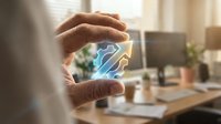 Professional hands protecting colorful brain illustration symbolizing mental health care, psychology support and cognitive wellness in modern office.