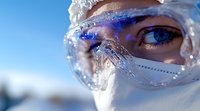 Close-up of medical worker wearing protective goggles with frost crystals, face mask and blue eye makeup against winter sky background, dramatic lighting.