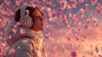 Young woman with curly hair wearing headphones and winter coat surrounded by floating pink flower petals in dreamy sunset light.