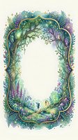 Enchanted forest frame with magical trees, flowers and fairy creatures creating ornate border with copy space for text or design elements.
