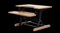 Wooden sit-stand desk riser with black metal frame, isolated on transparent background. Great for office clipart, stickers, print on demand, and t-shirt design use.