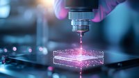 Microscope laser beam scanning glass slide with pink glowing sample in modern laboratory research setting, creating luminescent effect in dark environment.