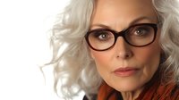 Elegant mature Caucasian woman with silver gray hair wearing stylish eyeglasses and orange sweater looking confidently at camera in studio portrait.