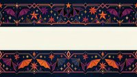Seamless border pattern featuring bats, stars, and geometric ornaments in orange and purple on dark navy background, tiles horizontally for Halloween decorations, textiles, and festive design projects.