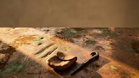 Ancient weathered wooden cutting board with knife on rustic kitchen counter surface for culinary cooking and food preparation backgrounds.