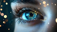 Mesmerizing blue eye with golden glitter sparkles and bokeh lights in macro shot, showcasing long eyelashes and detailed iris texture against dark background.