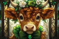 Young highland cow portrait with flower crown and emerald bow tie against ornate frame, featuring ginger fur, gentle eyes and decorative green foliage.
