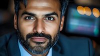 Young South Asian businessman with beard smiling confidently in dark office environment with bokeh lights and computer screens in background. Professional portrait.