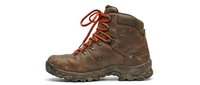 Worn brown leather hiking boot with orange laces and rugged sole, isolated on white background for footwear design, outdoor gear, and adventure apparel projects.