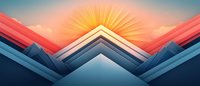 Abstract geometric mountain landscape with sunrise over layered peaks in coral, blue and navy tones, creating modern minimalist scenery.