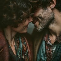 Intimate moment between young couple sharing tender embrace, foreheads touching in romantic connection, warm lighting creates emotional atmosphere for love concepts.