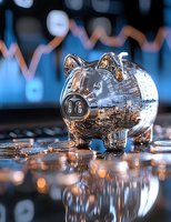 Chrome metallic piggy bank with financial data reflection on surface against blurred stock market chart background, surrounded by coins and market data.