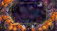 Halloween spooky frame with pumpkins, haunted house, bats and autumn leaves on purple starry night background for seasonal greeting cards and decorations.