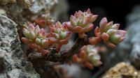 Pink and green succulent plants growing from rocky crevice, showcasing delicate rosette formations with water droplets on fleshy leaves against dark background.