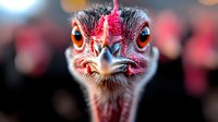 Extreme close-up portrait of red-headed emu bird face with bright orange eyes and distinctive feathers against dark background, dramatic wildlife photography.