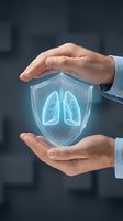 Male hands holding glowing shield with lung icon, representing respiratory health protection, medical insurance, and healthcare security concepts for wellness and disease prevention.
