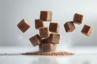 Brown sugar cubes falling and stacking with powder splash on light background, dynamic food composition showing sweetness and culinary ingredients.
