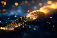 Glowing golden wave of particles with bokeh lights on dark background creates magical atmosphere with sparkling dust and light effects.