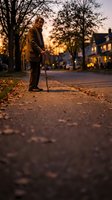 Senior man with cane standing on autumn street at dusk, wearing brown jacket, residential neighborhood with illuminated houses and bare trees in background, evening lifestyle scene.
