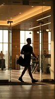 Athletic young man silhouette walking through modern gym entrance with glass doors and warm lighting. Fitness lifestyle and wellness concept.
