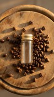 Glass jar with golden lid surrounded by roasted coffee beans on rustic wooden cutting board. Warm natural lighting creates cozy kitchen atmosphere.