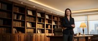 Confident professional woman in a dark suit stands arms crossed in an elegant executive office with bookshelves and city view.