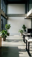 Modern open-plan office interior with concrete architecture, potted plants, and minimalist workspace. Bright natural light floods through large windows, creating clean shadows on polished floors. Contemporary design suitable for corporate, business, and workplace concepts.