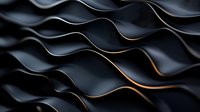 Abstract wavy black metallic surface with golden light reflections creating dynamic pattern of curved lines and shadows. Modern minimalist background for luxury design.