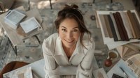 Young mixed race female interior designer smiling at camera while working with material samples and color swatches spread on floor, top view angle in natural light.