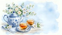 Watercolor tea set with blue and white porcelain teapot, white flowers, and two glass cups on a wooden table, soft background.