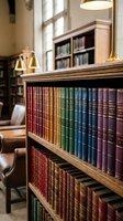 Classic law library interior with vintage leather-bound books on wooden shelves, brass scales of justice, warm lighting for legal education and research.