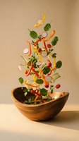 Fresh vegetables and herbs flying from wooden bowl creating dynamic culinary splash for cooking and healthy eating concepts.