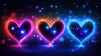 Glowing neon hearts in pink, orange and blue colors against starry night sky background with sparkles and light effects, romantic space design.