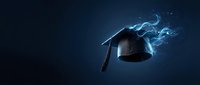 Digital graduation cap with glowing blue energy effects and particles on dark background for education technology concepts and academic achievement designs.